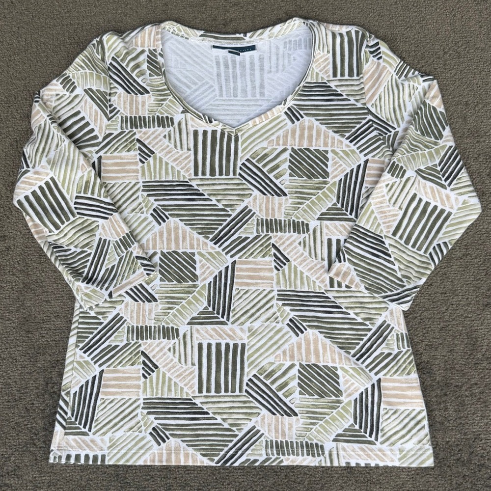 Karen Scott Womens Small Green Geometric V-Neck 3/4 Sleeve Top Abstract Print